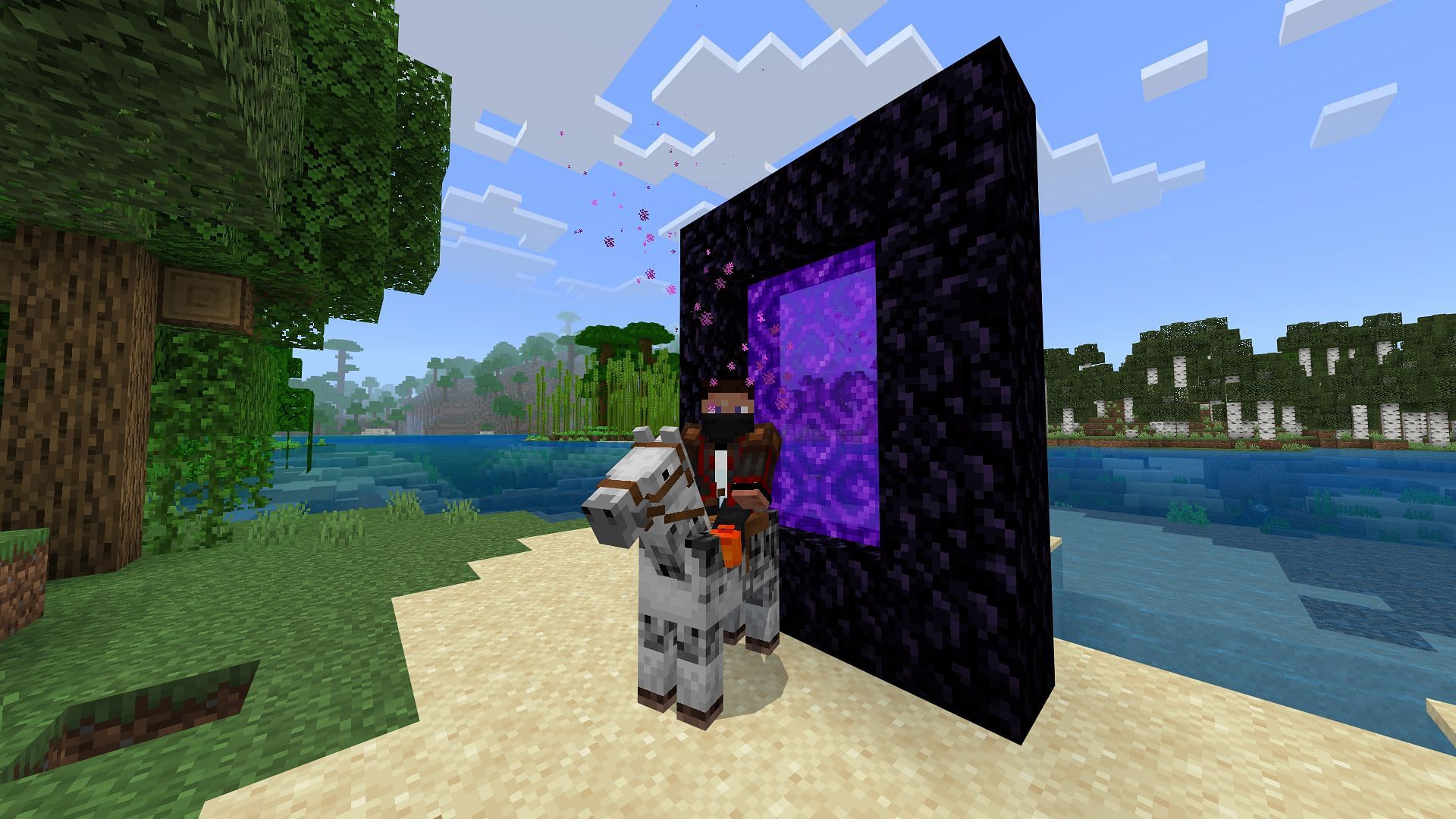 Players can teleport through the Nether portal with their horses while riding them (Image via Mojang Studios)