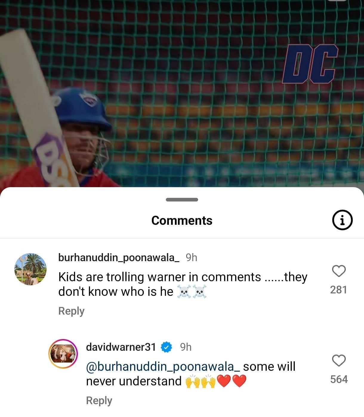 Screengrab of David Warner&#039;s response to a fan&#039;s comment on the Delhi Capitals&#039; Instagram post