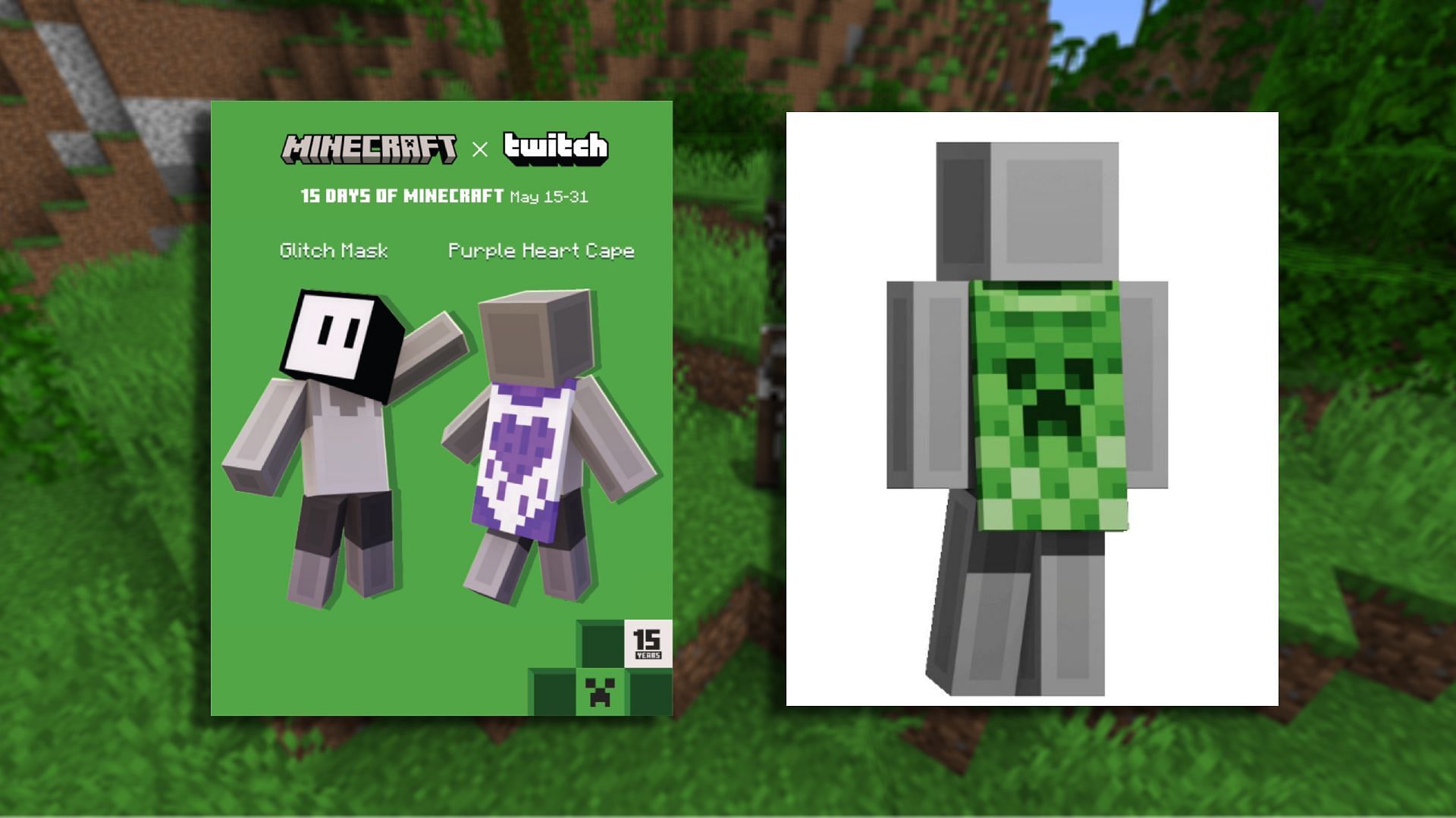 The Twitch exclusive and generic 15th anniversary cape designs (Images via Mojang)