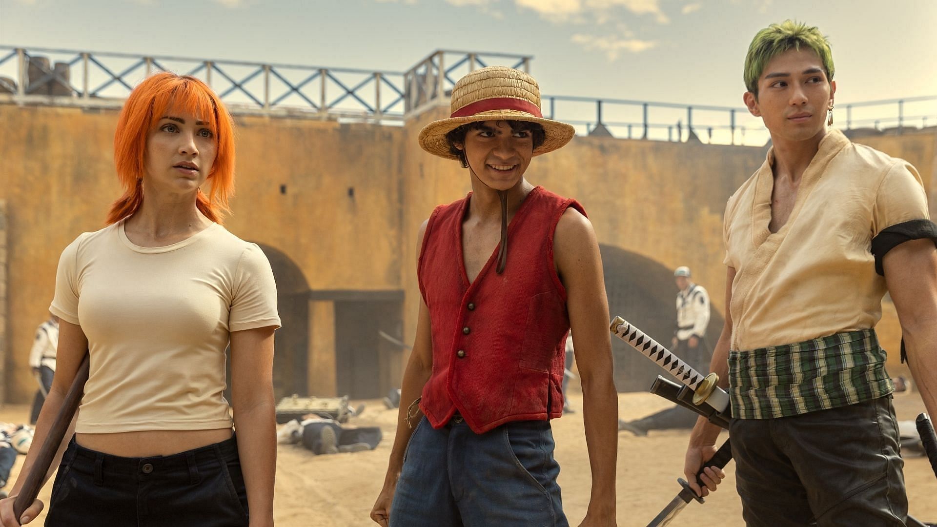 Nami, Luffy, and Zoro as seen in the series (Image via Netflix)