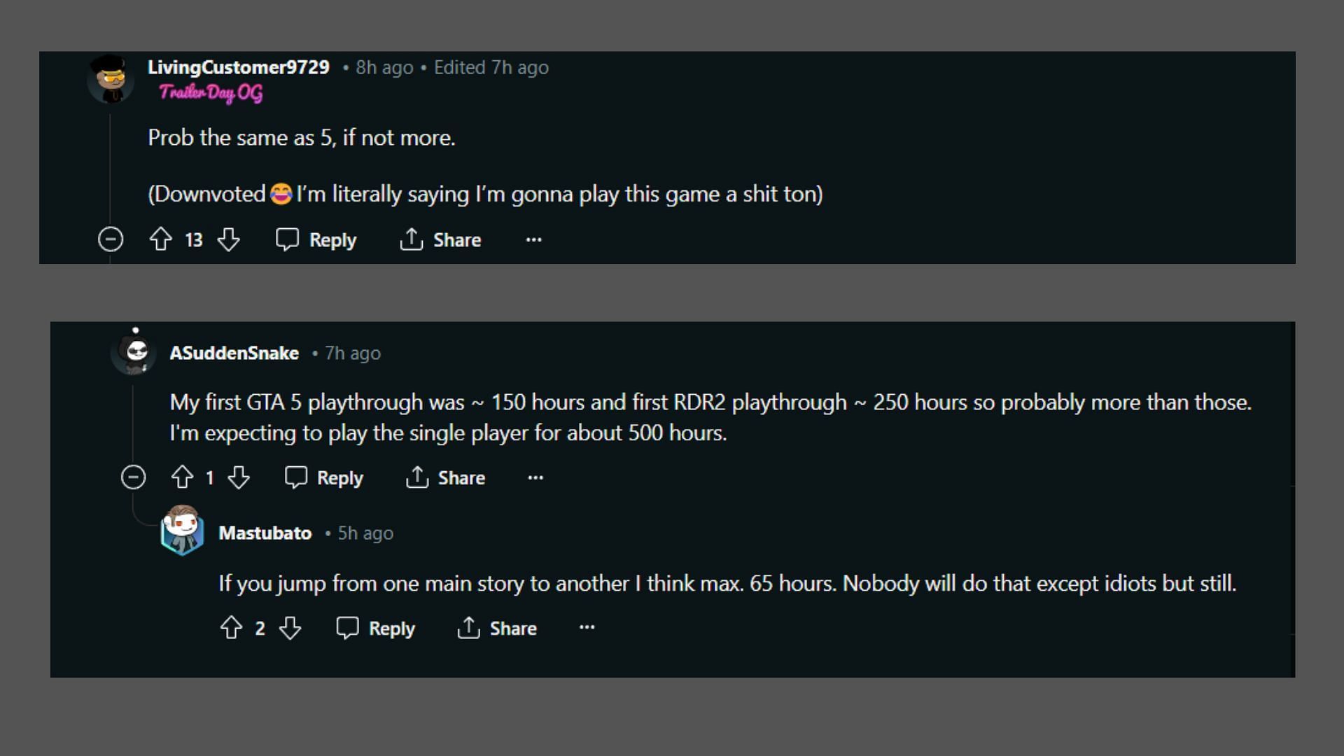 Fans discussing the probable number of playable hours in GTA 6 (Image via Reddit)