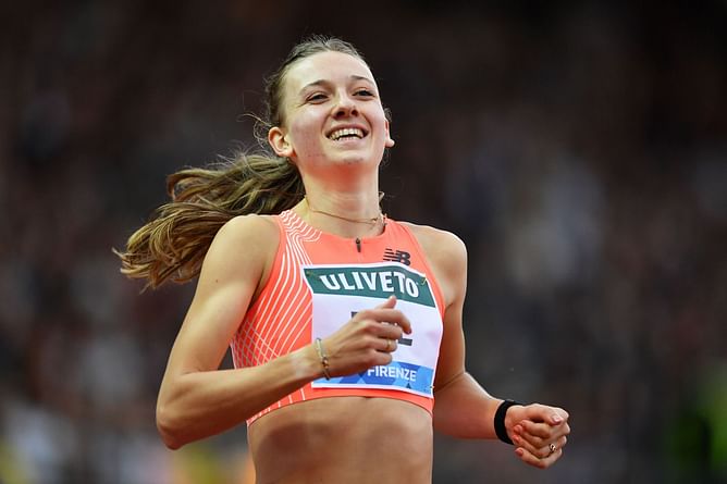 Femke Bol reacts to the Dutch team qualifying for the Paris Olympics at the World Athletics Relays 2024