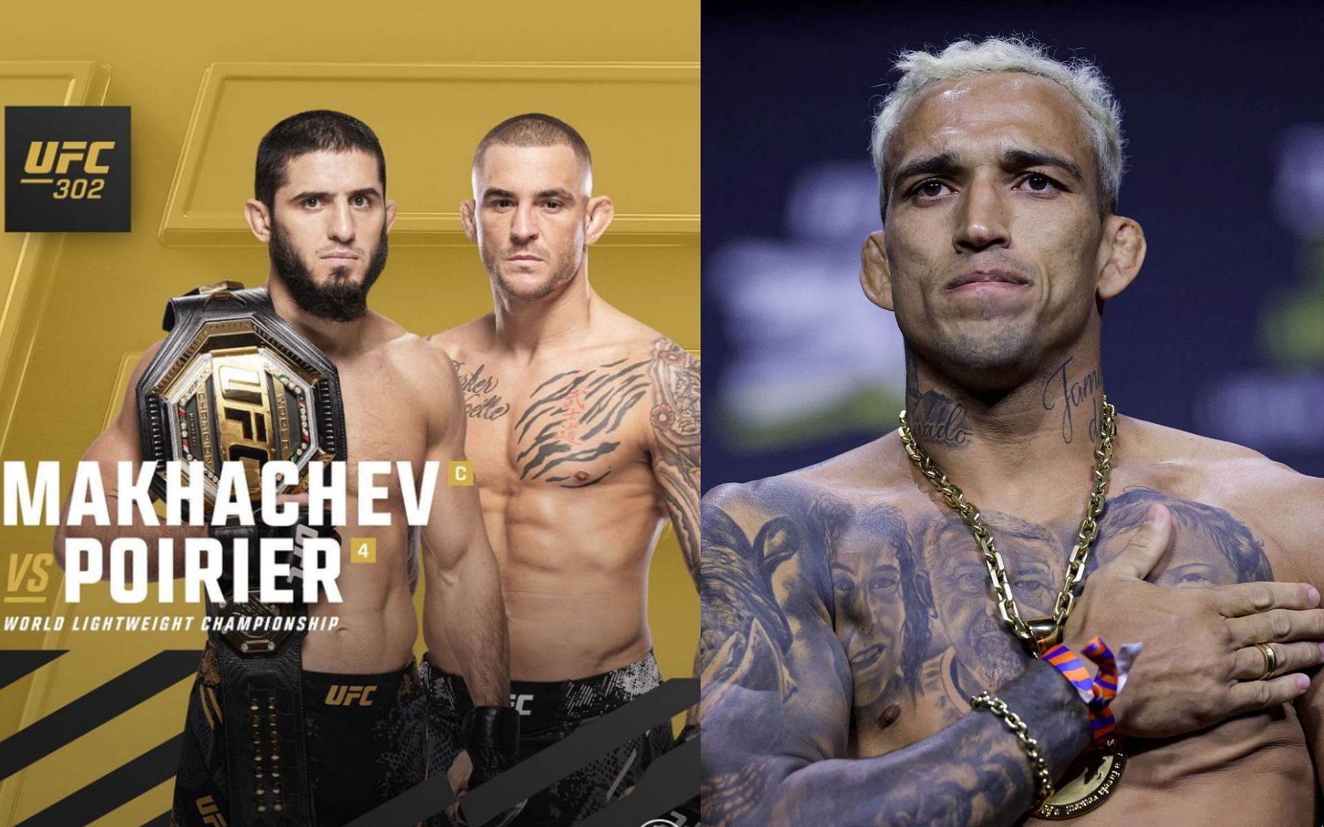 Islam Makhachev vs. Dustin Poirier (left) broken down by Charles Oliveira (right) [Images Courtesy: @GettyImages, @ufc on Instagram]