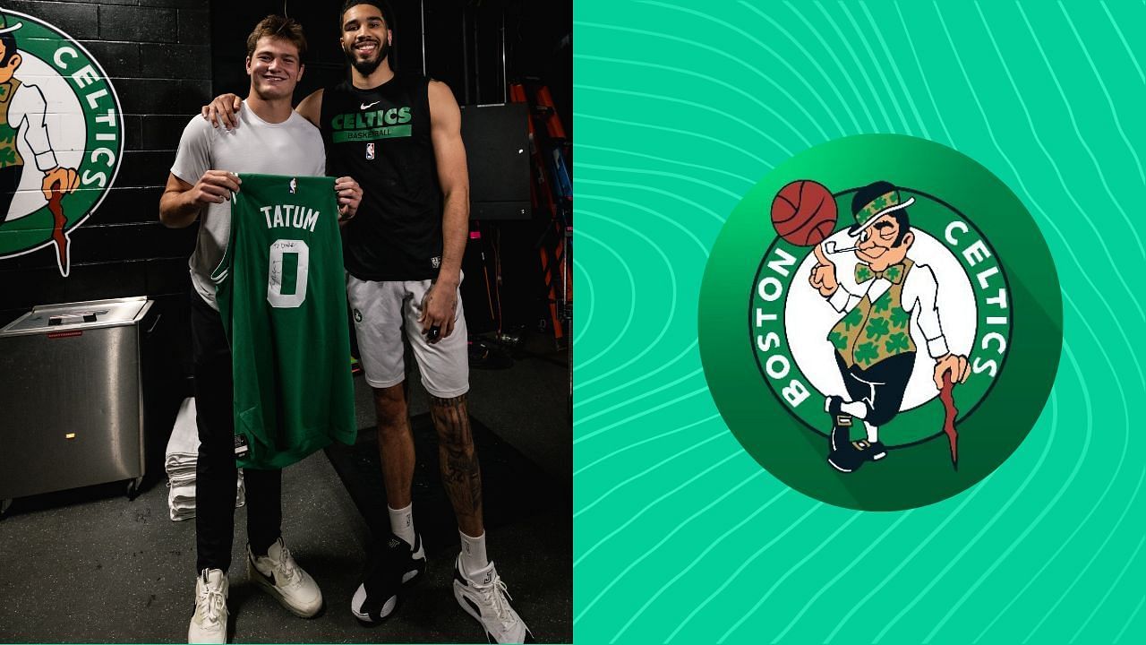 Boston Celtics star Jayson Tatum and rookie New England Patriots quarterback Drake Maye meet before Game 1 of the Eastern Conference Finals.