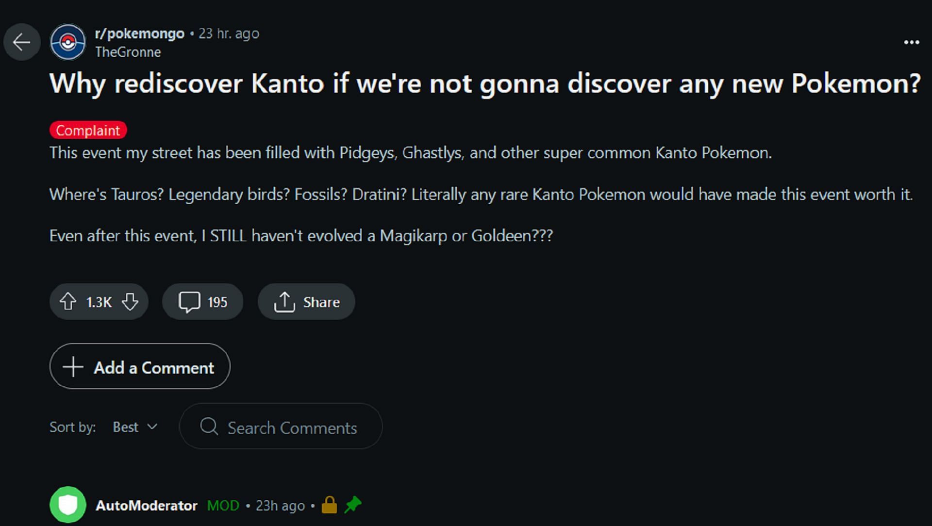 TheGronne criticizes Pokemon GO&#039;s Rediscover Kanto event for lacking any decent Kanto region Pokemon (Image via u/TheGronne/Reddit)