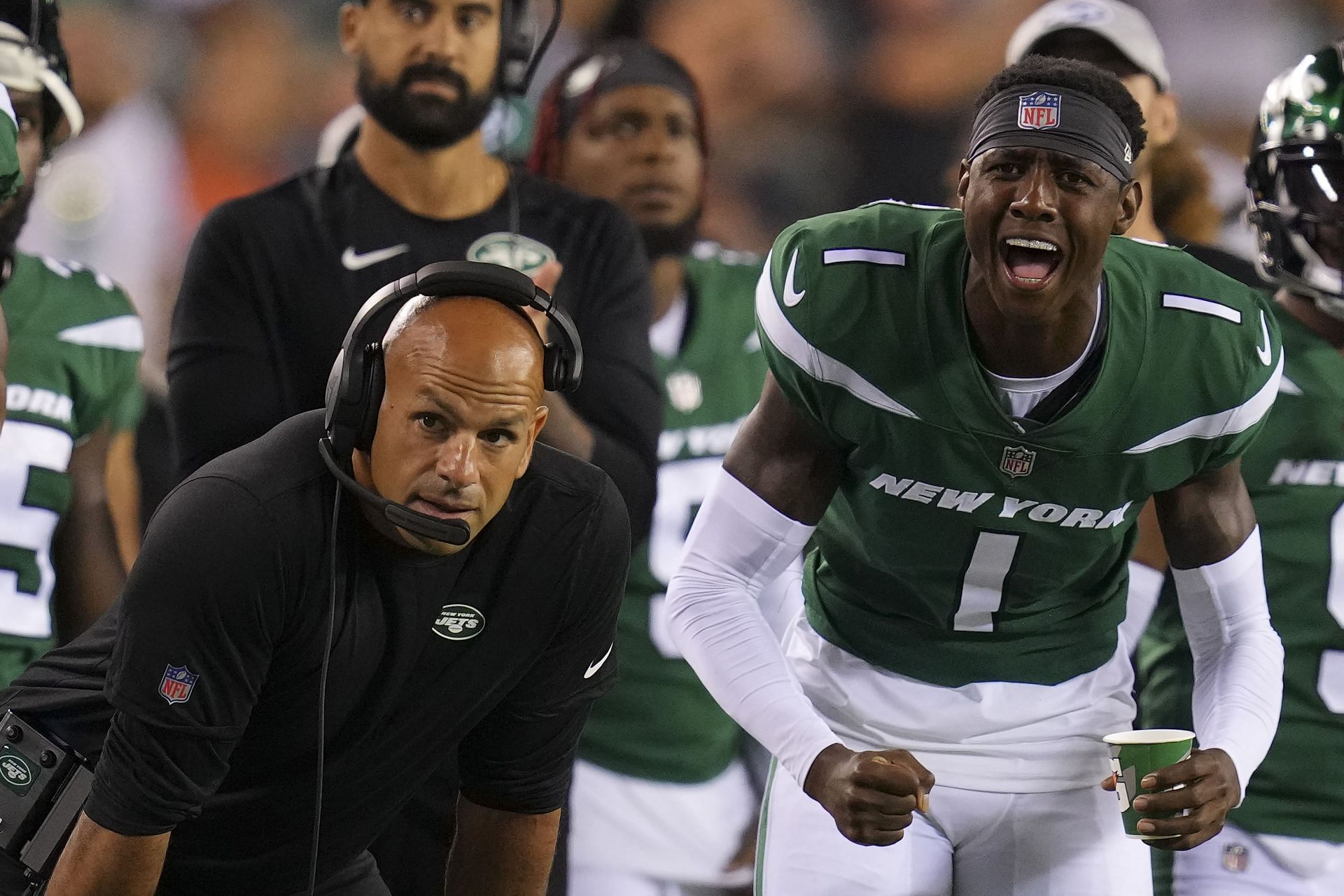 Sauce Gardner and head coach Robert Saleh during New York Jets v Philadelphia Eagles