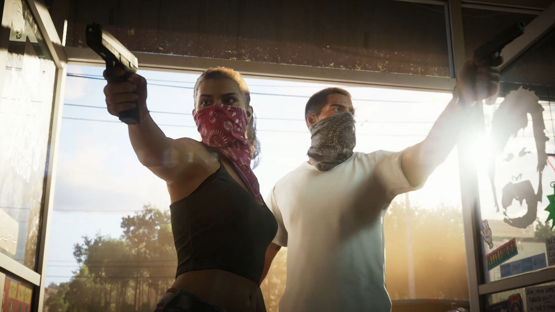 Jason and Lucia were seen dominating a store at gunpoint in the first trailer. (Image via Rockstar Games)