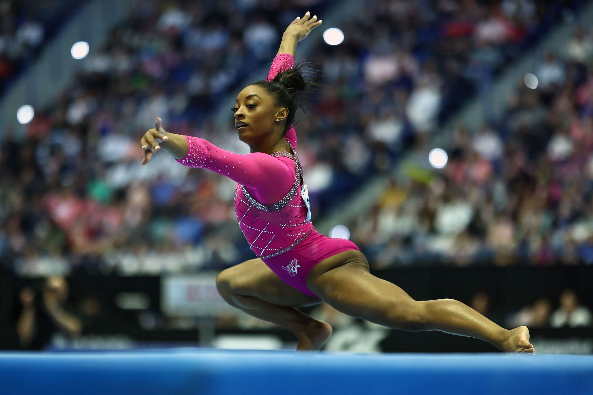 Simone Biles performs a floor routine during the 2024 Core Hydration Classic at XL Center on May 18, 2024, in Hartford, Connecticut.