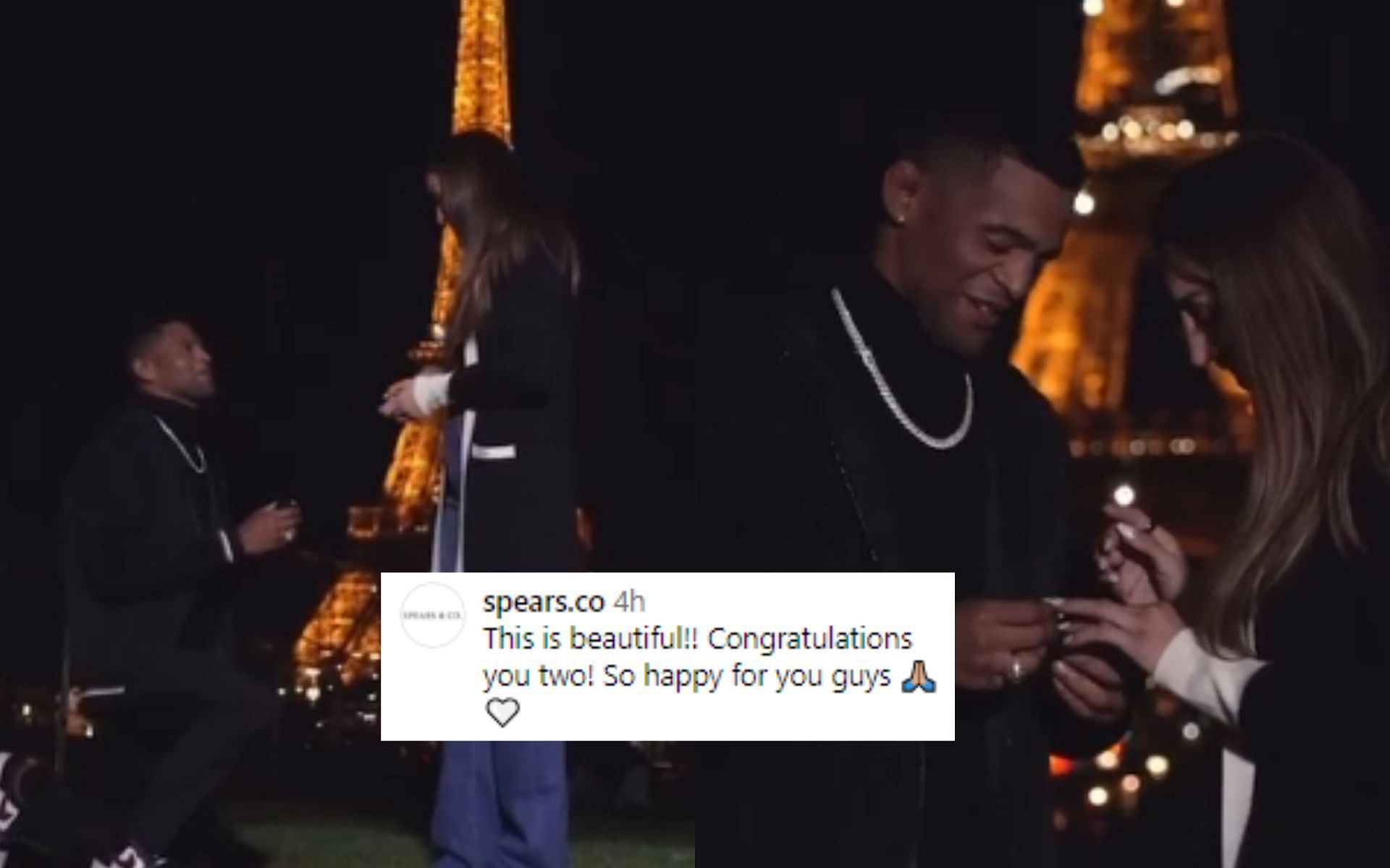 Fighters and fans react as Tatiana Suarez and Patchy Mix get engaged in front of Eiffel Tower on eve of Bellator Paris [Image courtesy: @tatianasuarezufc - Instagram]