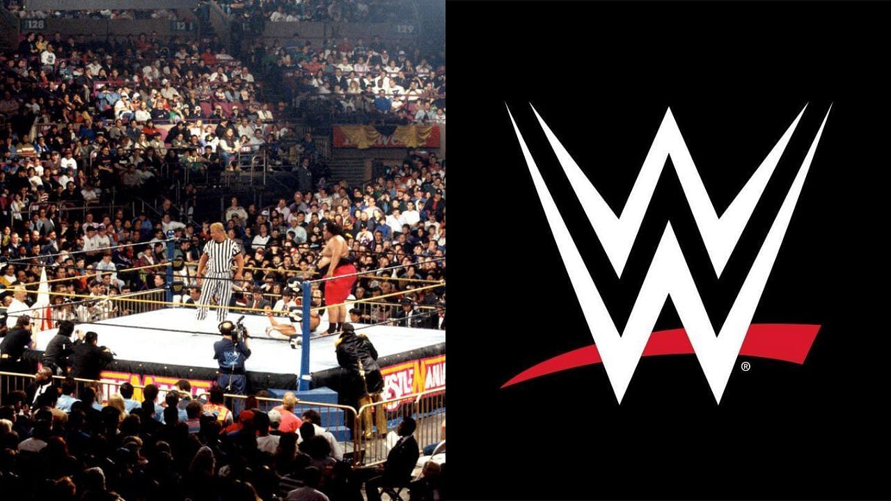 A  wrestling ring (left) and WWE logo (right)