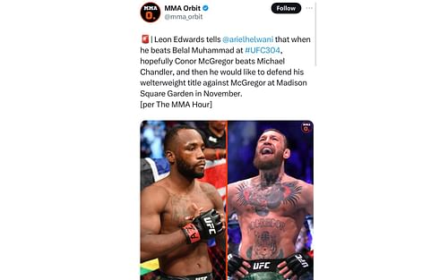 Tweet regarding the possibility of Edwards vs. McGregor [Image courtesy: @mma_orbit - X]