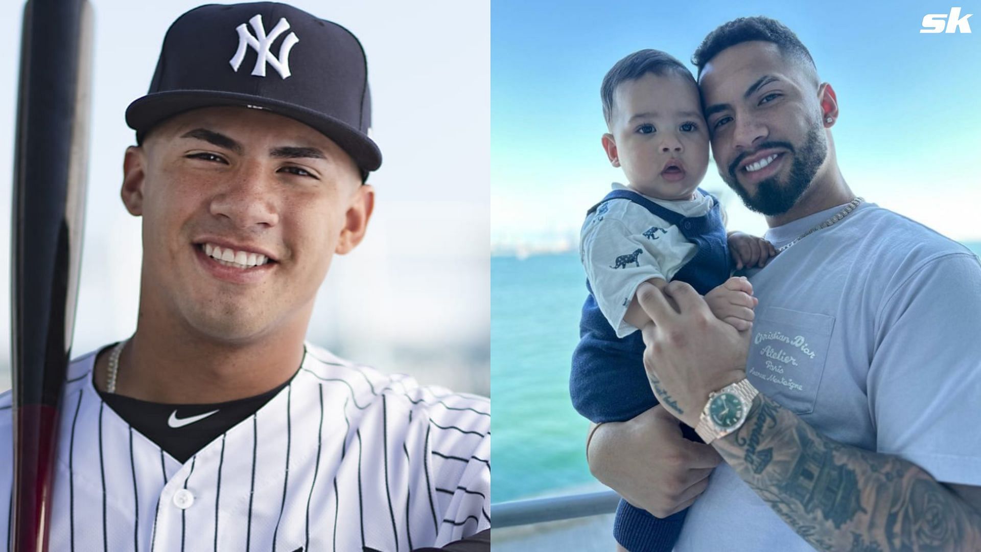 Gleyber Torres shares an adorable moment with son Ethan at Yankee stadium