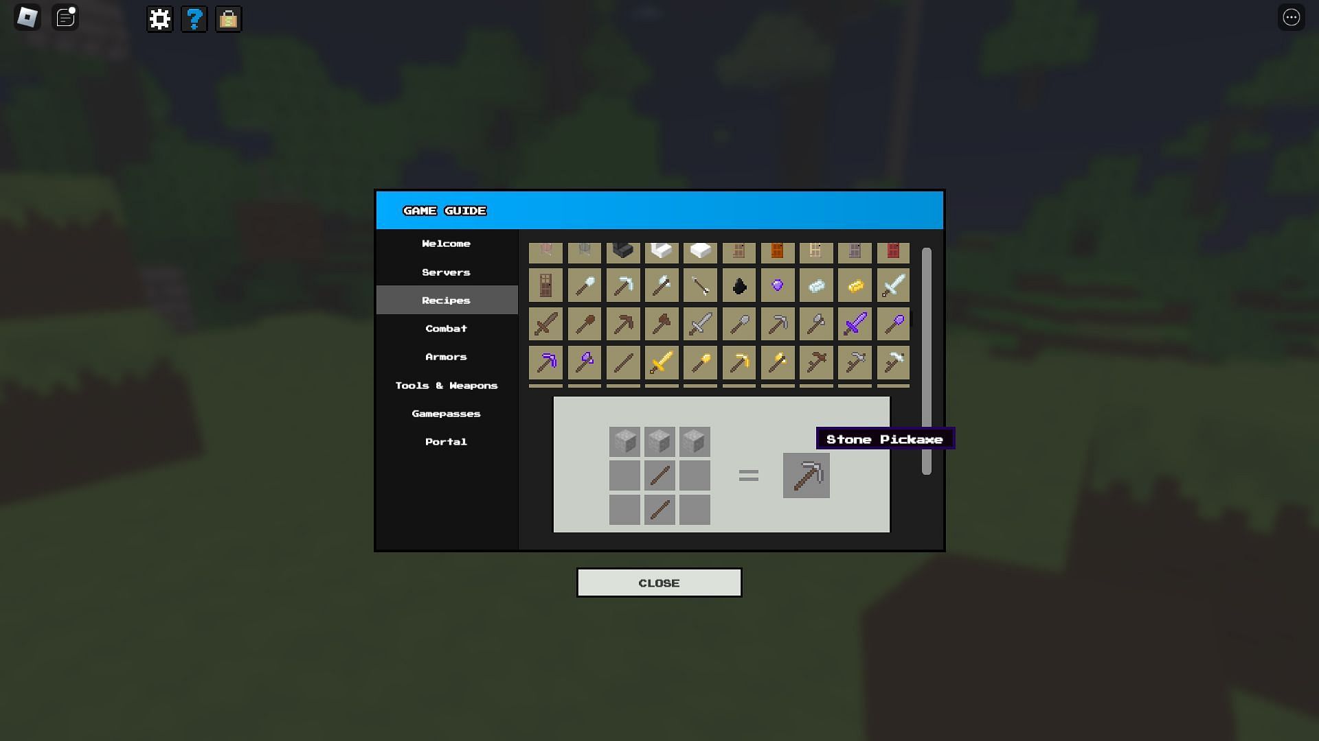A pickaxe recipe in the Help section (Image via Roblox)
