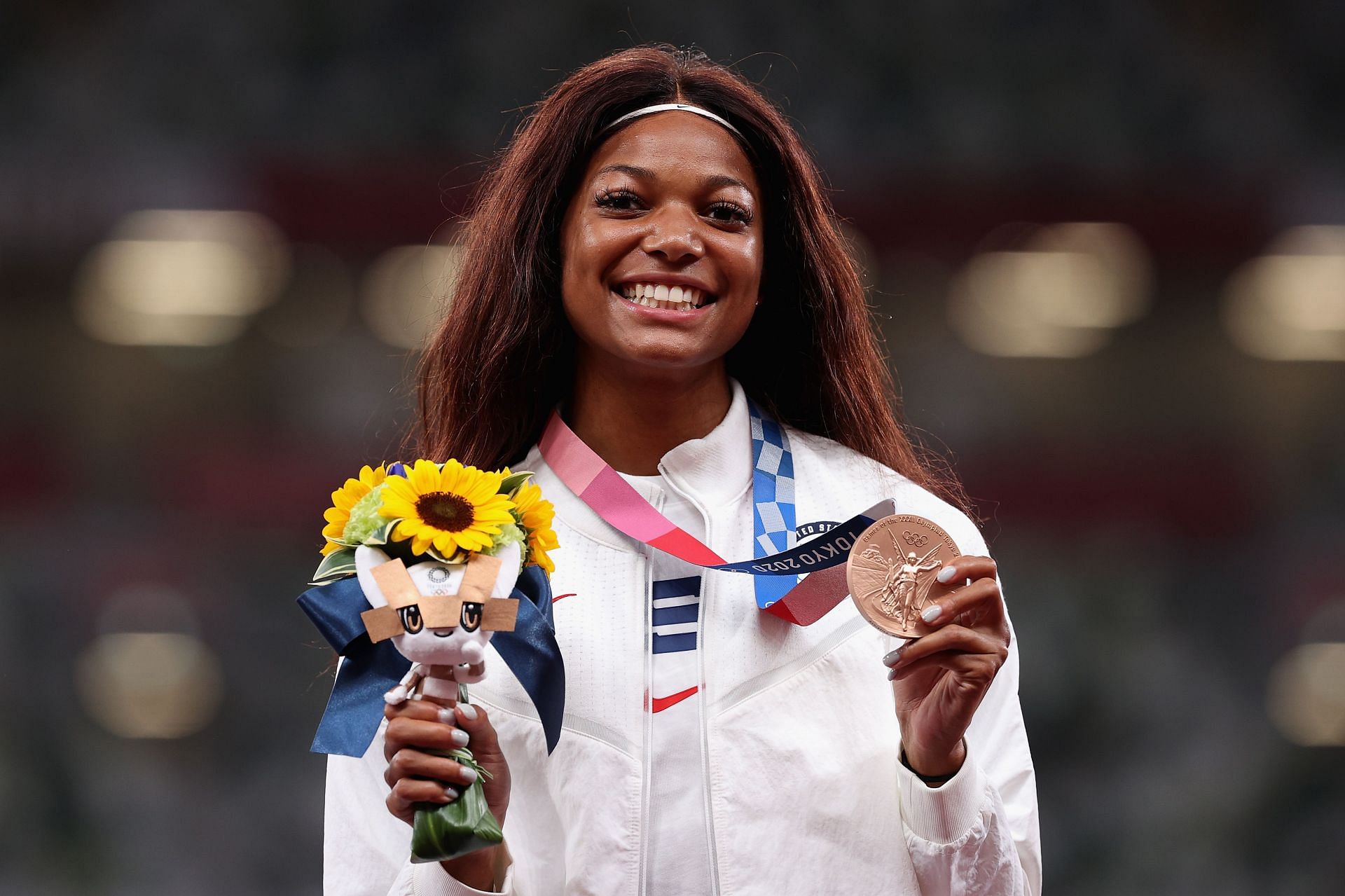 Gabby Thomas of Team United States poses with the bronze medal for the Women&#039;s 200m Final at the 2020 Olympic Games in Tokyo, Japan.