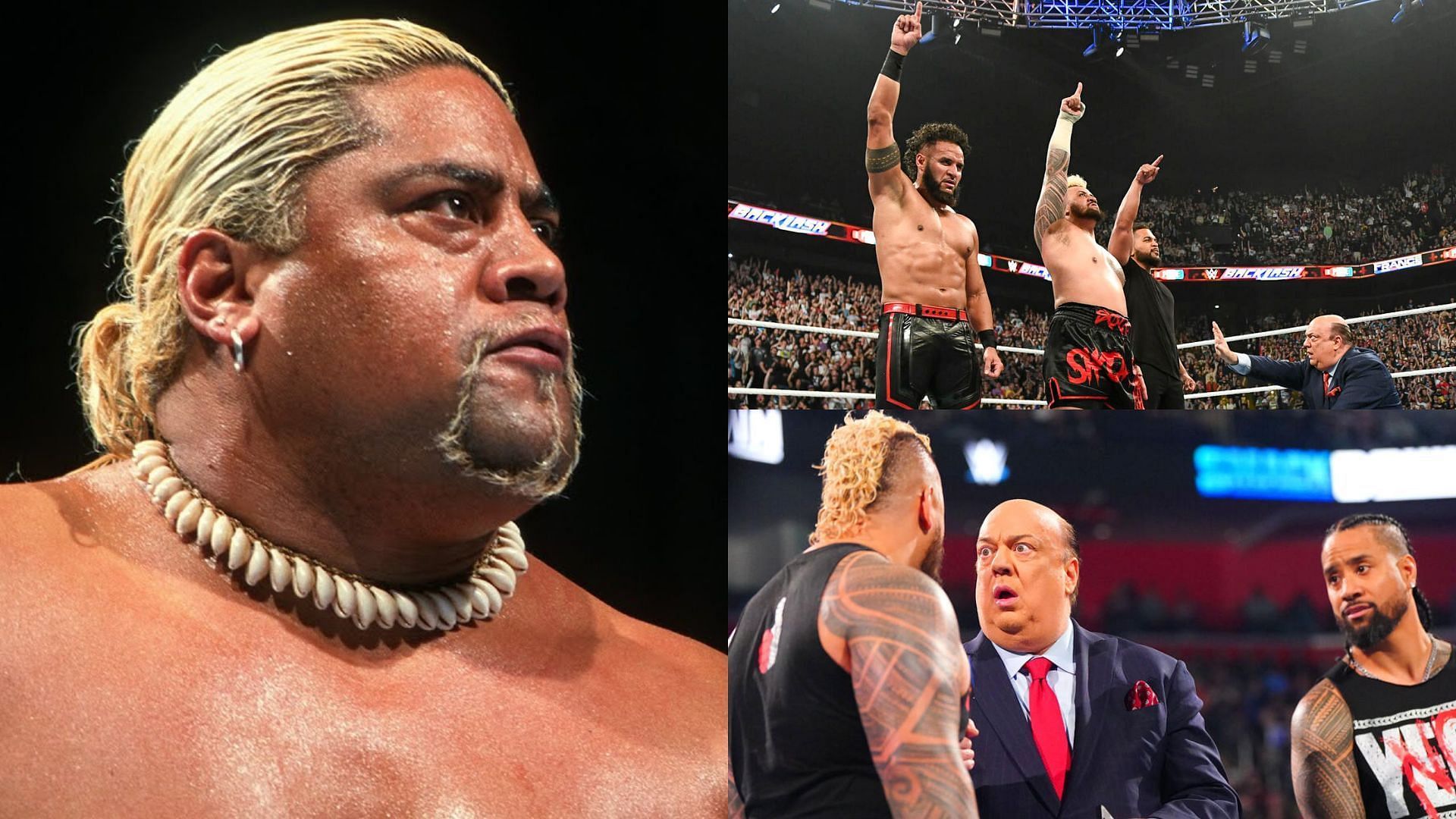 Rikishi (left) and The Bloodline (right)