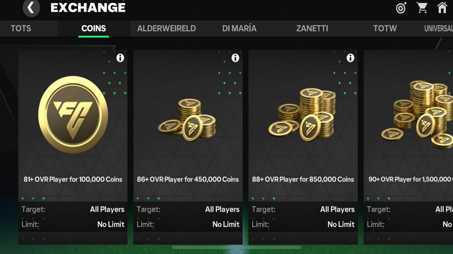 All available EA FC Mobile Exchanges that offer free Coins (Image via EA Sports)