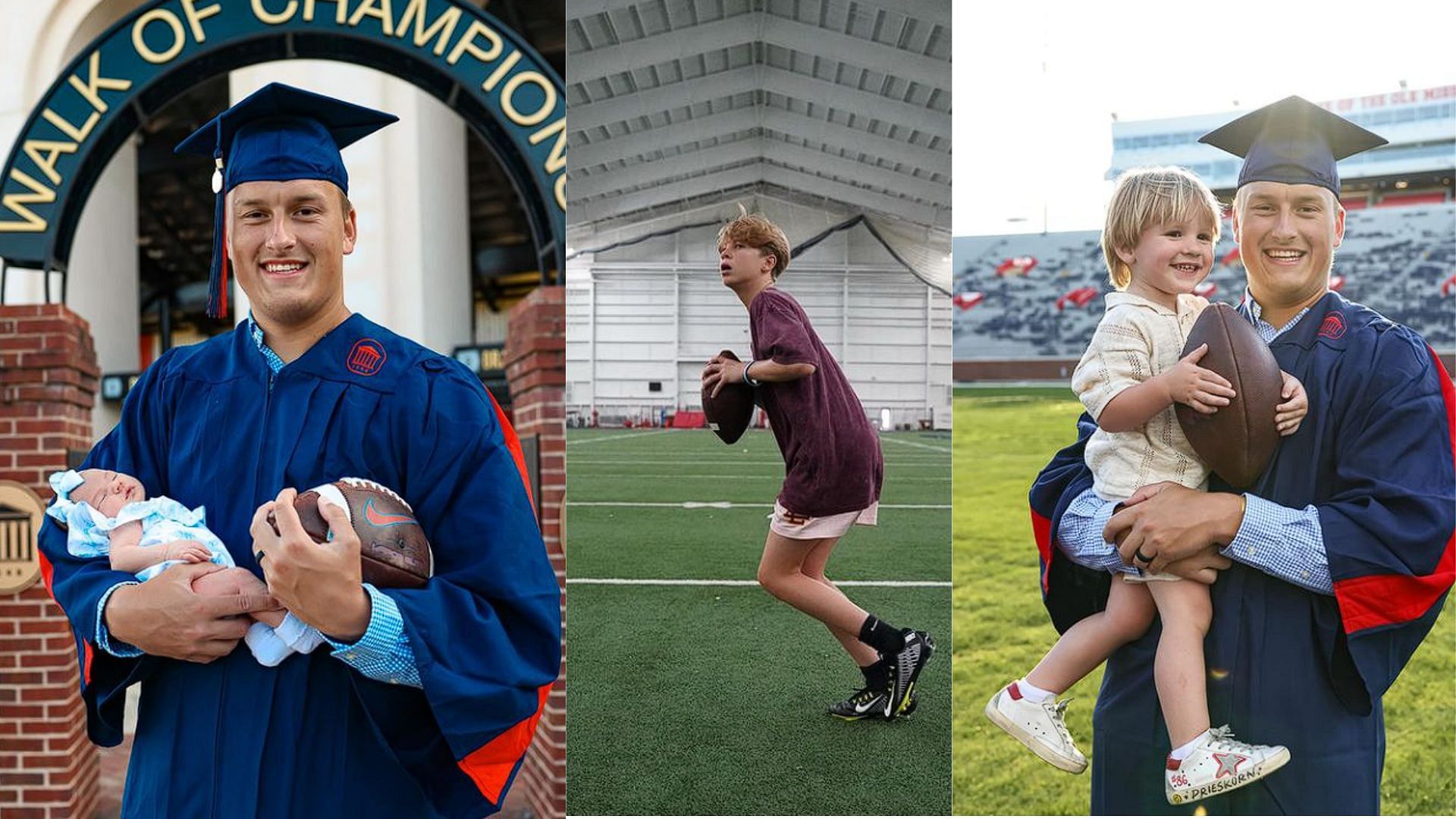Knox Kiffin reacts to TE Caden Prieskorn&rsquo;s graduation snaps with his newborn daughter