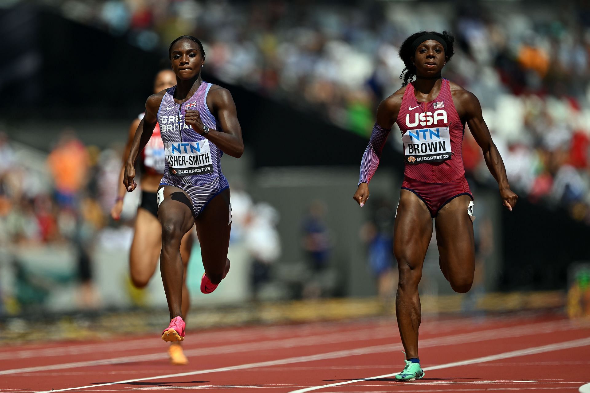 Brown (R) in action during the World Athletics Championships Budapest 2023. (Photo by Shaun Botterill/Getty Images)