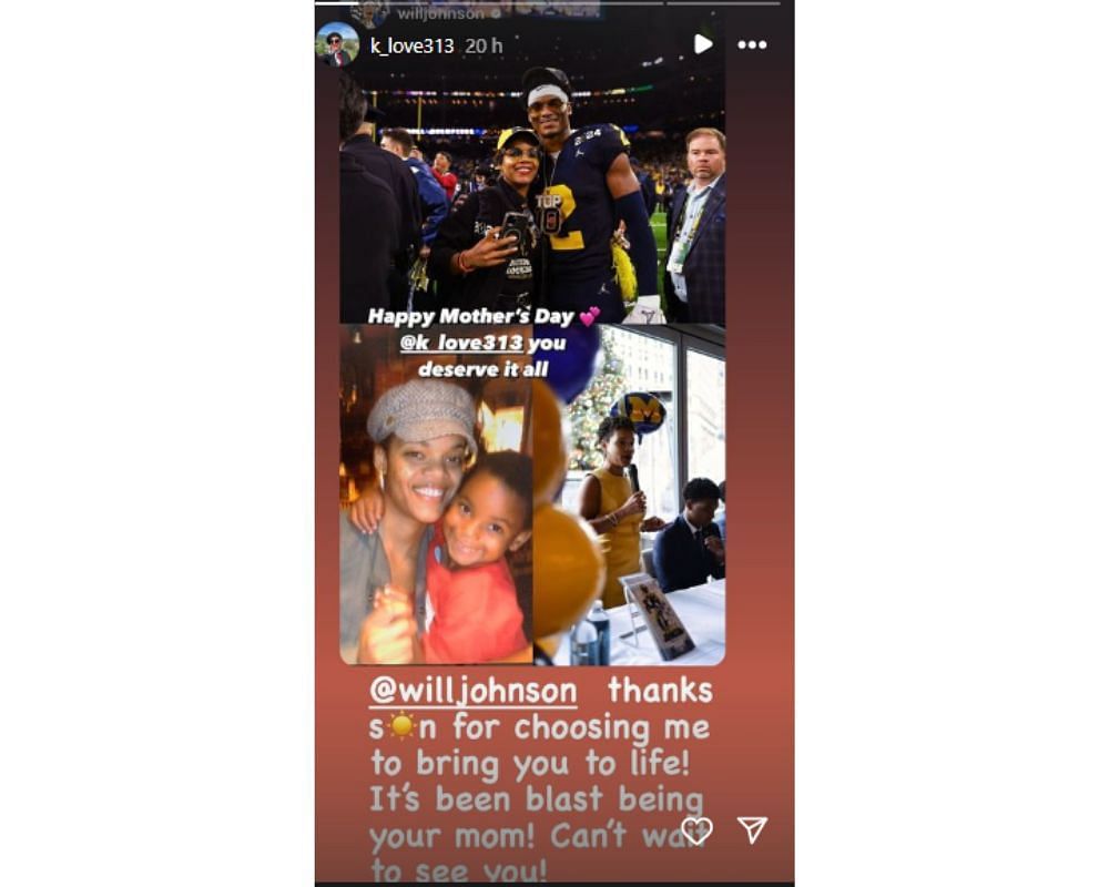 Screenshot of Michigan Wolverines QB Will Johnson with mother, Kafi Damali Kumasi (shared via Instagram)