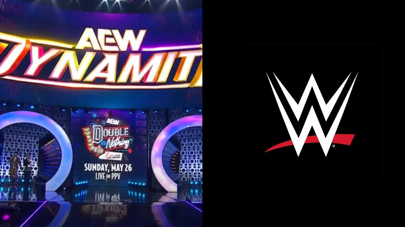 AEW stage (left) credits: AEW YouTube channel , WWE logo (right) credits: WWE FB page