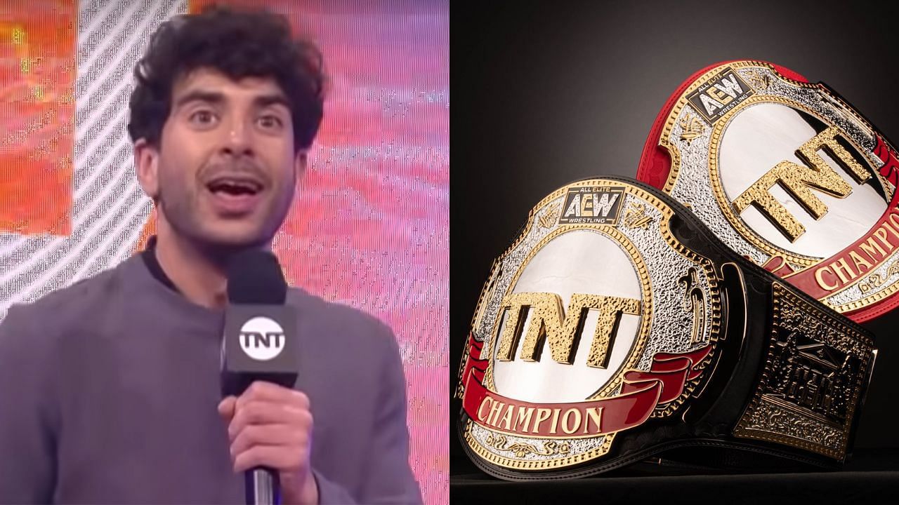 Tony Khan (left) and AEW TNT title (right)