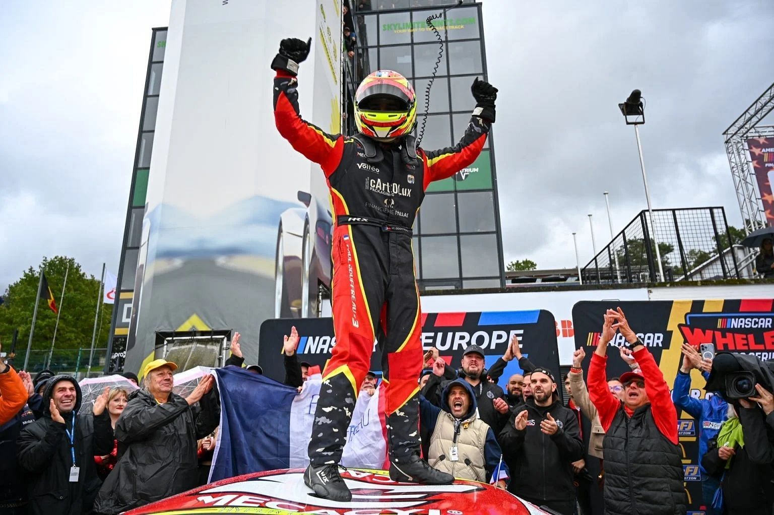 Paul Jouffreau after winning the 2023 NASCAR Whelen Euro Series