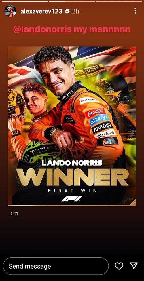 Alexander Zverev congratulates Lando Norris as the Brit wins the Miami Grand Prix