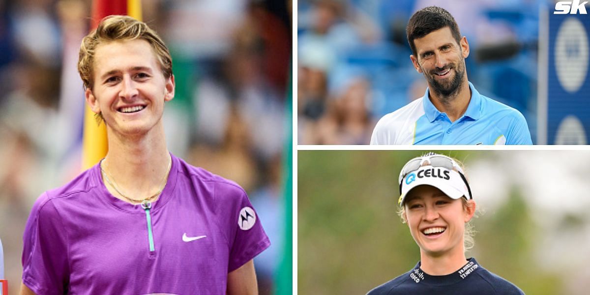 Sebastian Korda (L), Novak Djokovic (upper-right) and Nelly Korda (down-right)