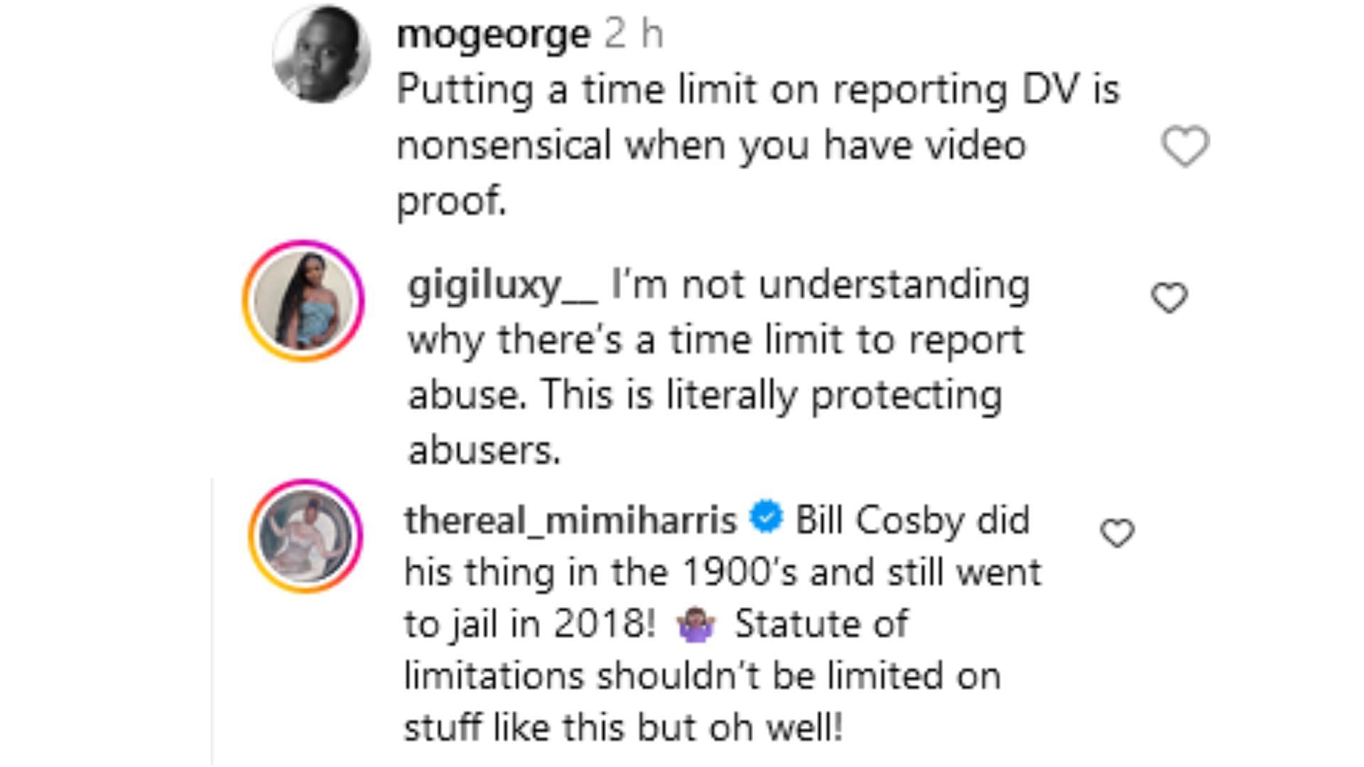 Insta users react as LA county&#039;s DA&#039;s office won&#039;t charge Combs (Image via Instagram / @mogeorge / @gigiluxy__ / @thereal_mimiharris)