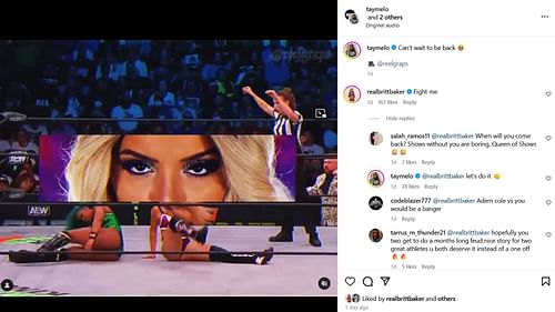 Screenshot of Instagram exchange between Tay Melo and Britt Baker.