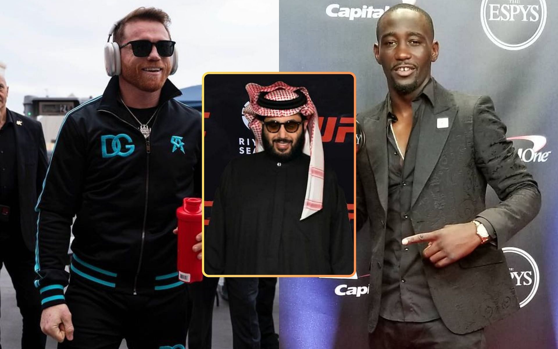 Turki Alalshikh (center) comments targeting a fight with Canelo Alvarez (left) and Terence 