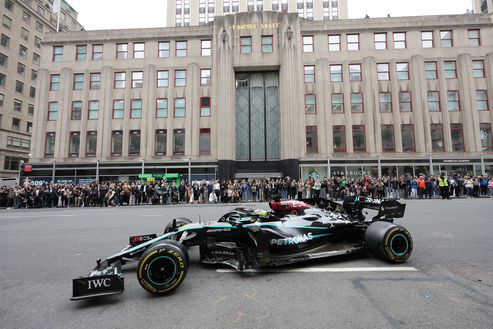 Lewis Hamilton Races Towards the Empire State Building Ahead of the Miami Grand Prix and in Celebration of the Mercedes F1 x WhatsApp Observatory Takeover