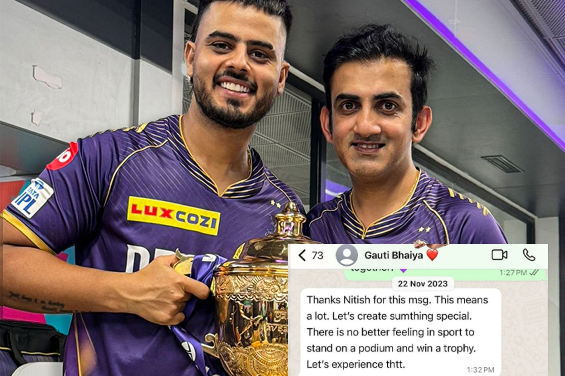 Nitish Rana and Gautam Gambhir posing with IPL 2024 trophy. 