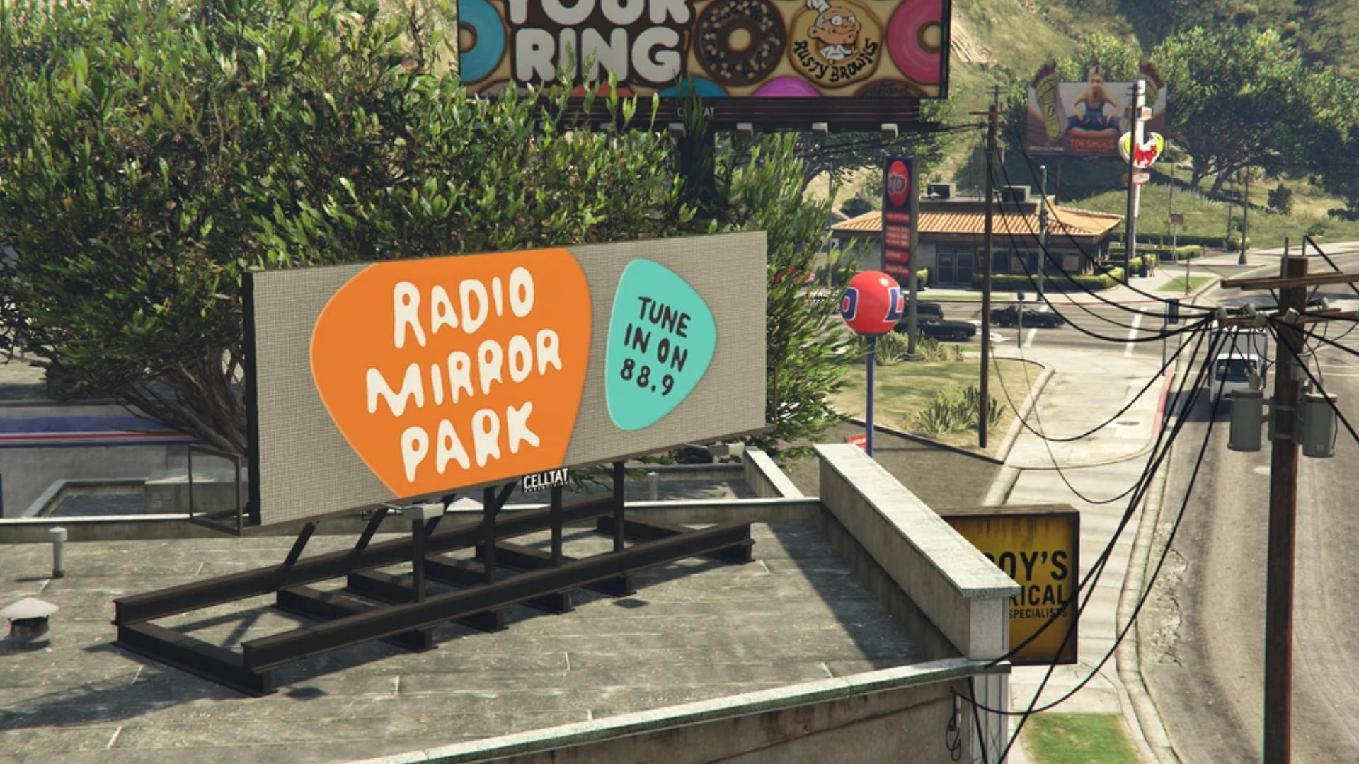 A billboard of the Radio Mirror Park station (Image via Rockstar Games || GTA Wiki)