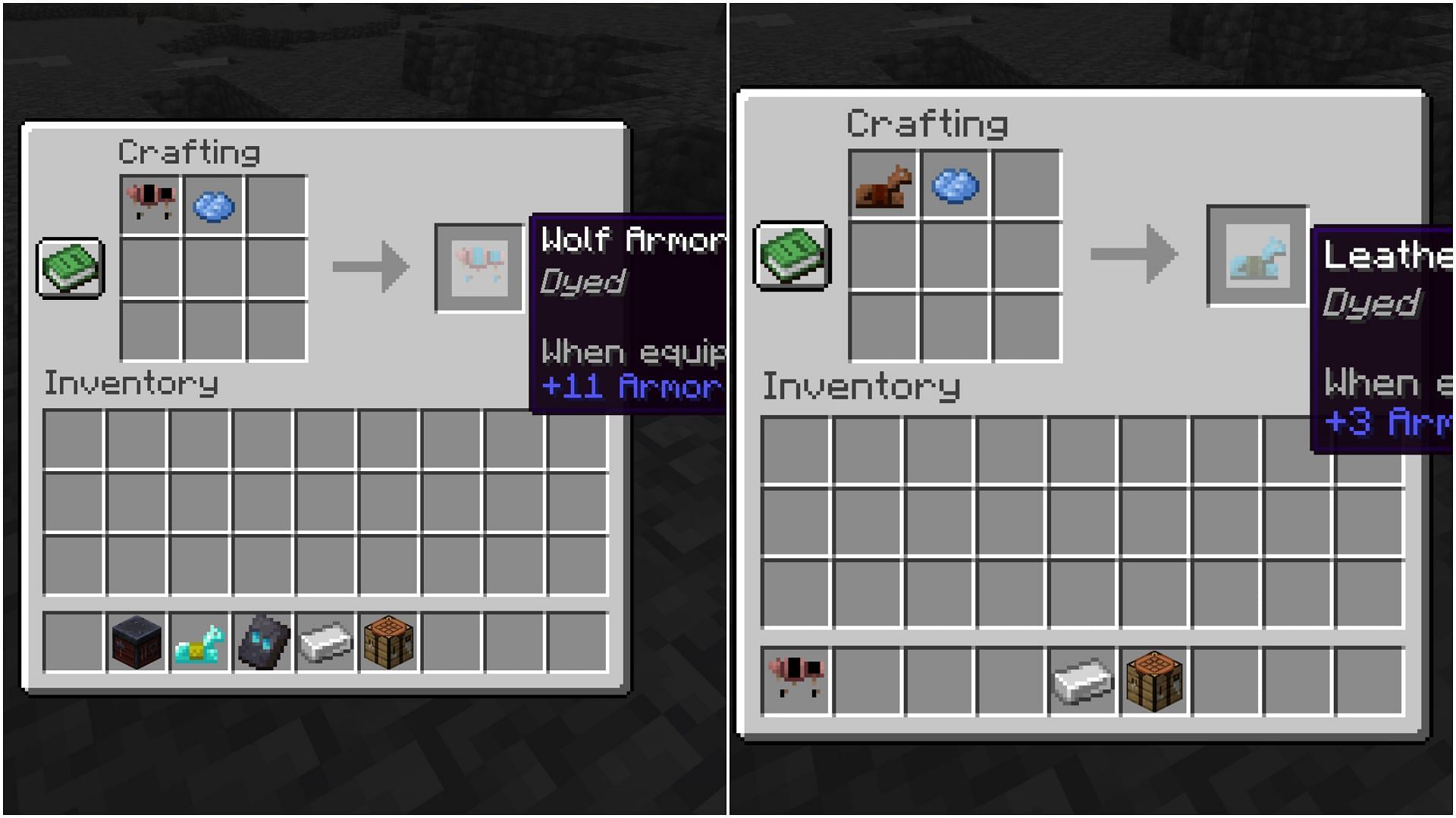 Both wolf and leather horse armor can be customized by dyeing them. (Image via Mojang Studios)