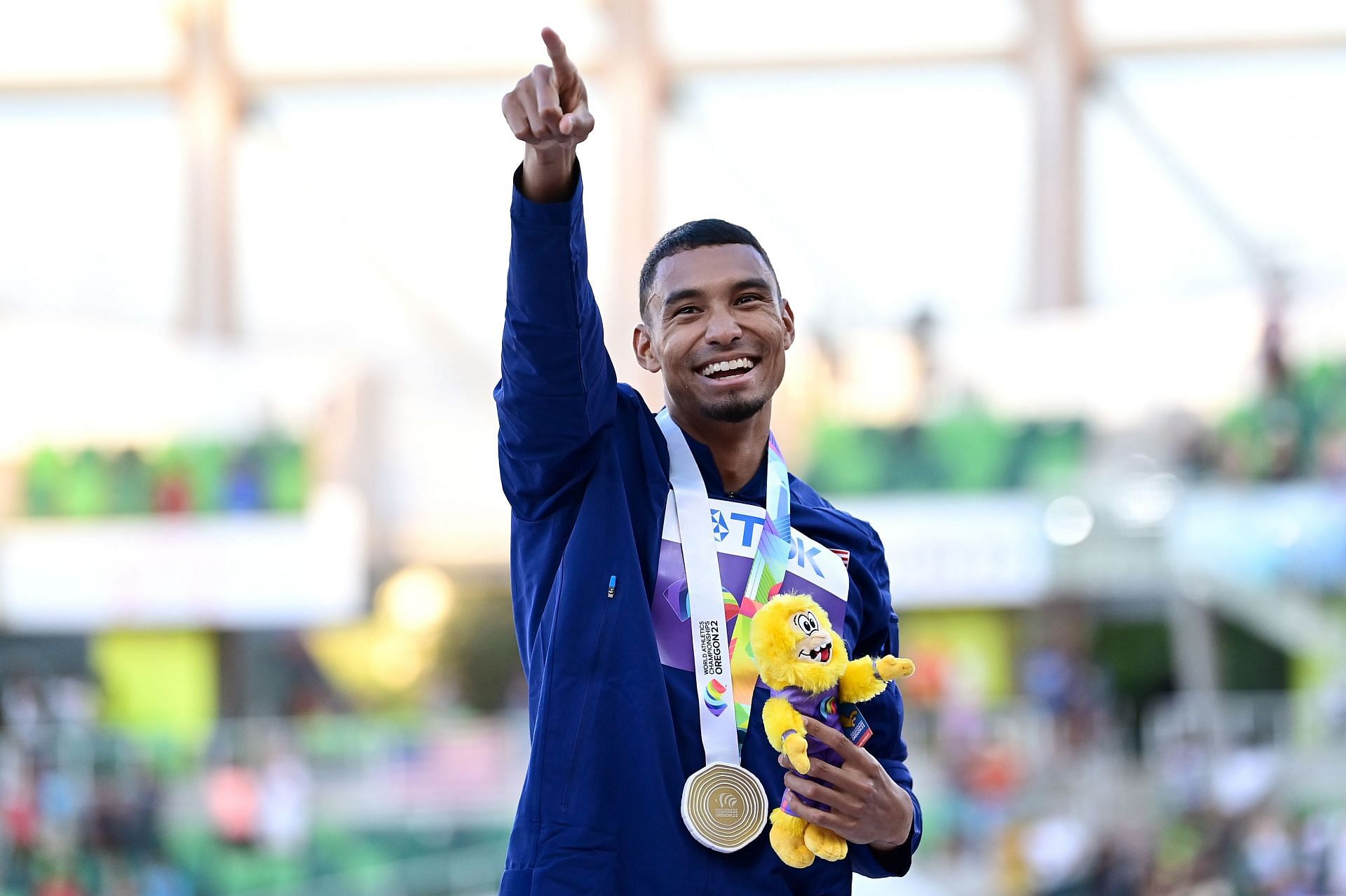 MIchael Norman poses during the medal ceremony for the Men&#039;s 400m Final at the World Championships. (Photo by Hannah Peters/Getty Images for World Athletics)