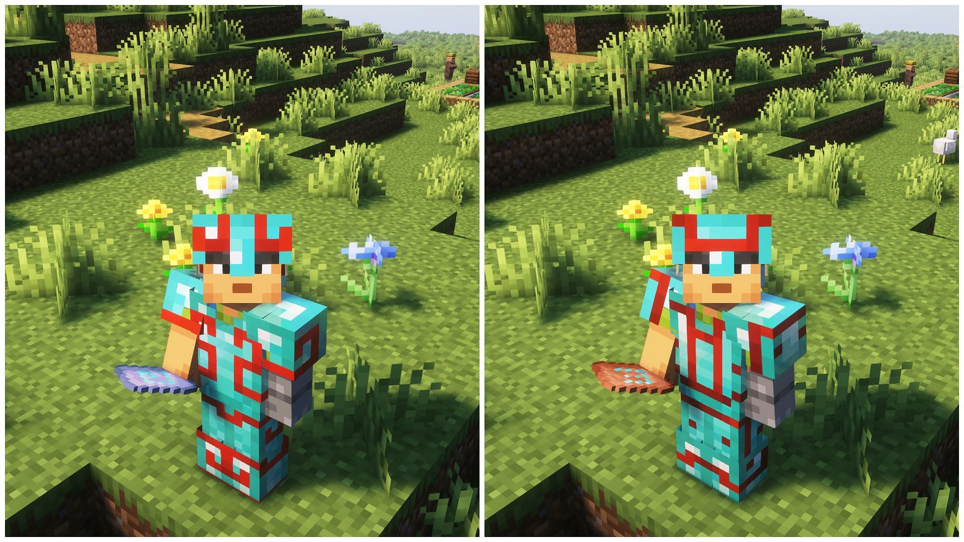 Flow armor trim (left) vs Bolt armor trim (right.) (Image via Mojang)