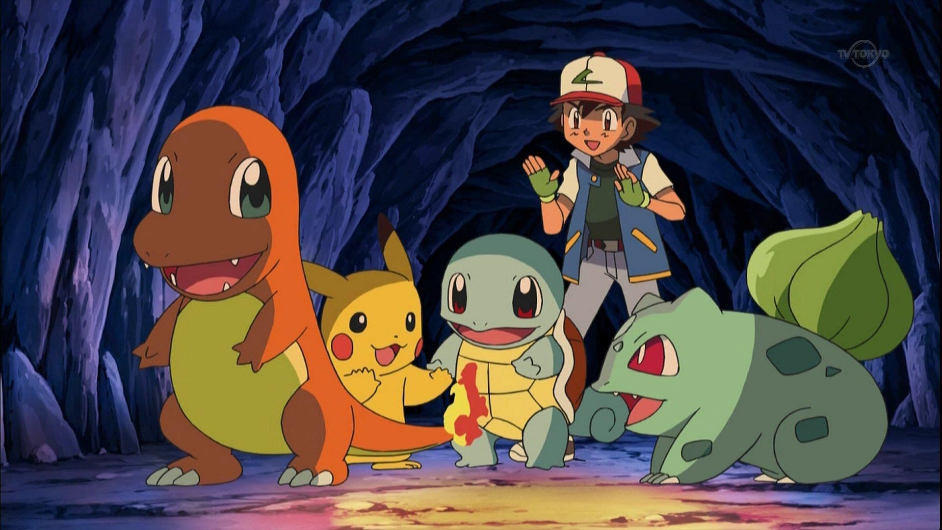 Pok&eacute;mon protagonist Ash Ketchum seen with some of the series&#039; most well-known creatures (Image via OLM)