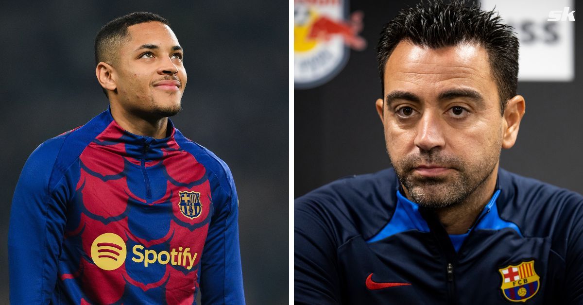 Barcelona attacker Vitor Roque (left) and boss Xavier Hernandez