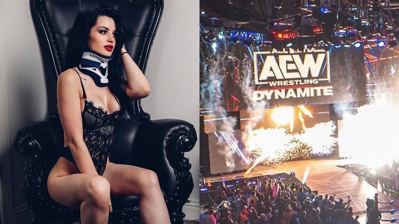 Saraya (left) and AEW Dynamite stage (right)