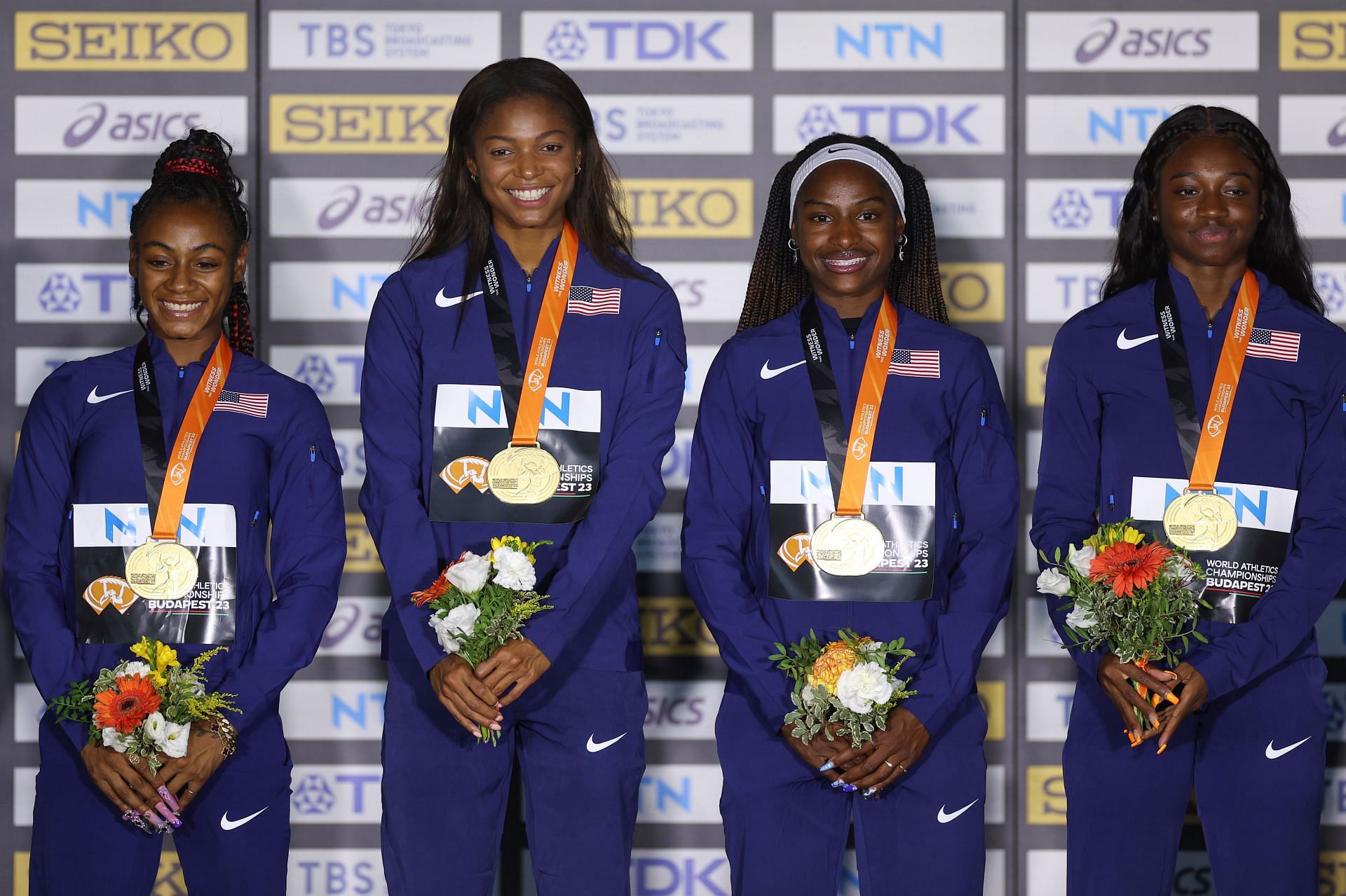 Twanisha Terry and Sha&#039;Carri Richardson with the US women&#039;s relay team at the World Championships in Budapest