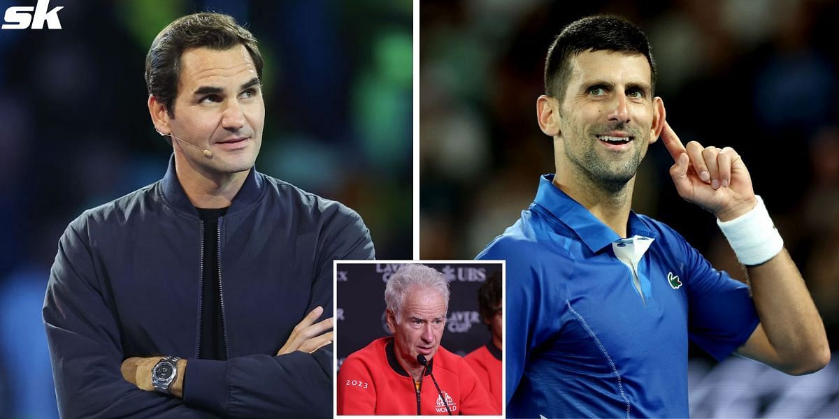 Roger Federer (L), John McEnroe (R) and Novak Djokovic (L)