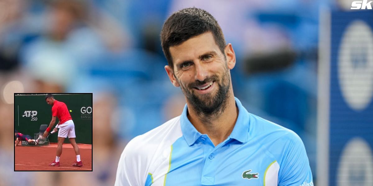 A ball boy fell to the ground after being distracted by Novak Djokovic at Geneva Open. (Source: Getty Images ; Tennis TV/ X)