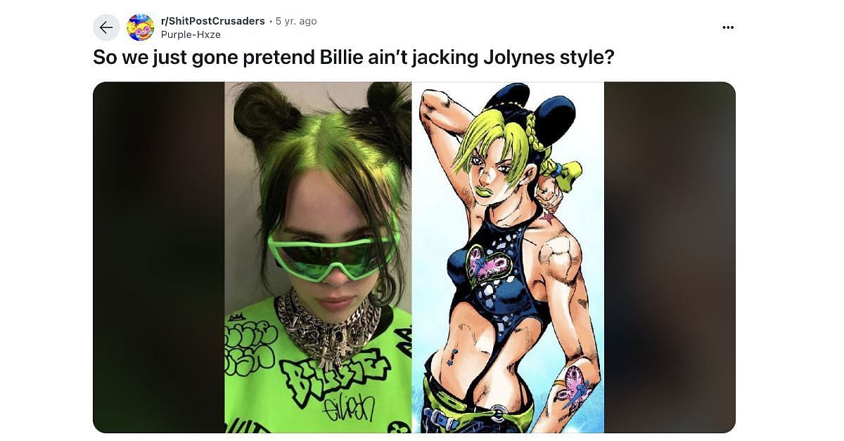 Billie Eilish&#039;s being compared to Jolyne on Reddit (Image credit Reddit)