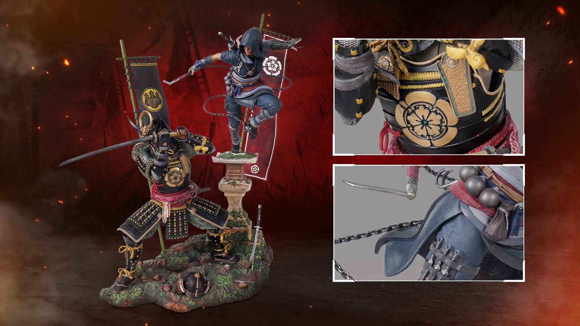 A figurine of Naoe and Yasuke together (Image via Ubisoft)