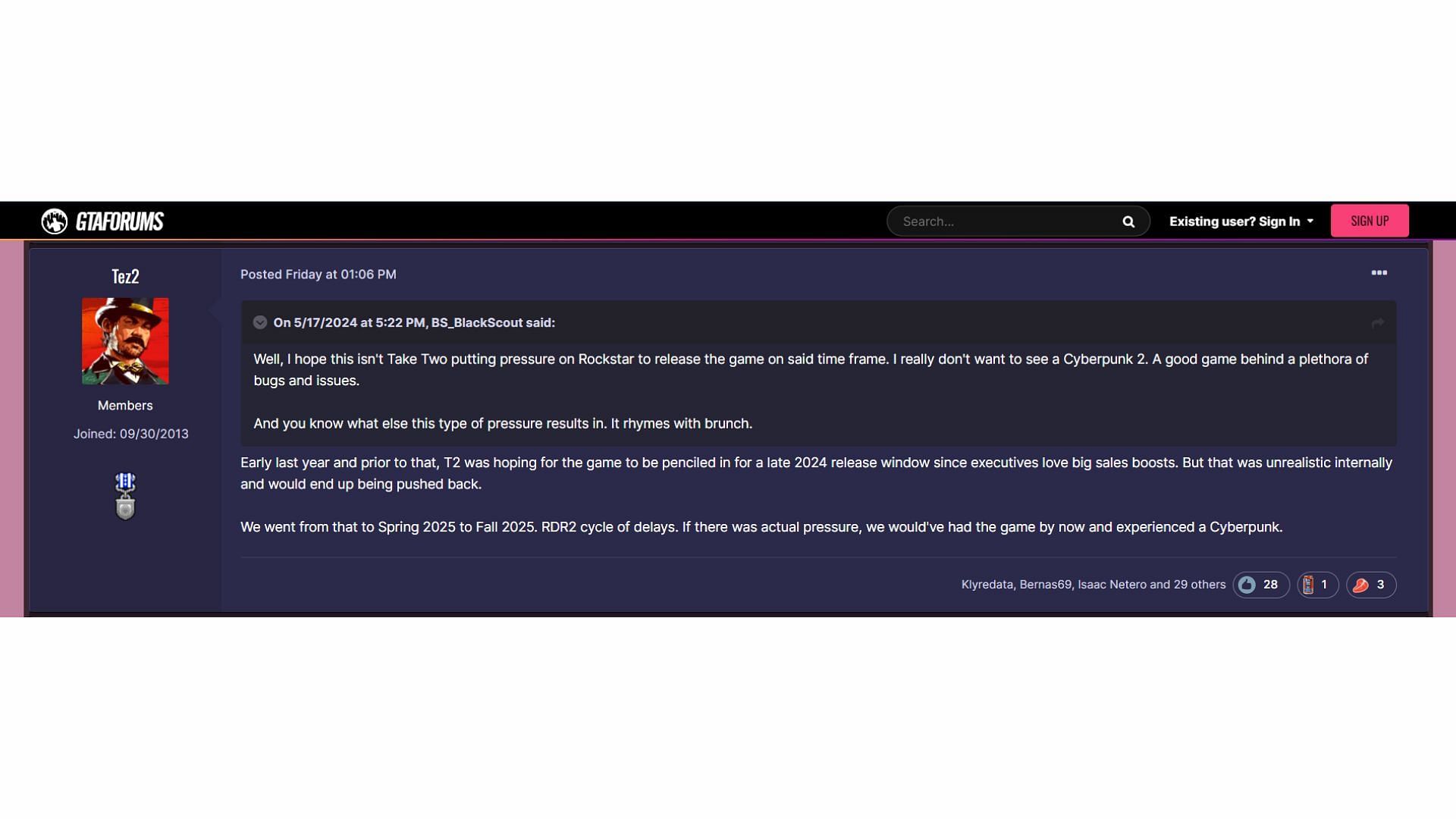 Tez2&rsquo;s statement on the GTA Forums thread (Image via GTA Forums)