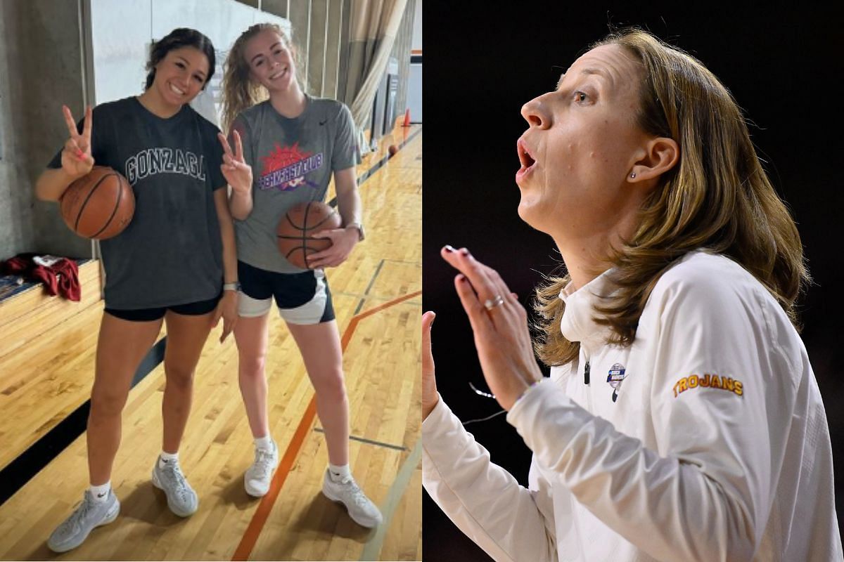 USC HC Lindsay Gottlieb reacts as Talia Von Oelhoffen poses with new teammate Avery Howell