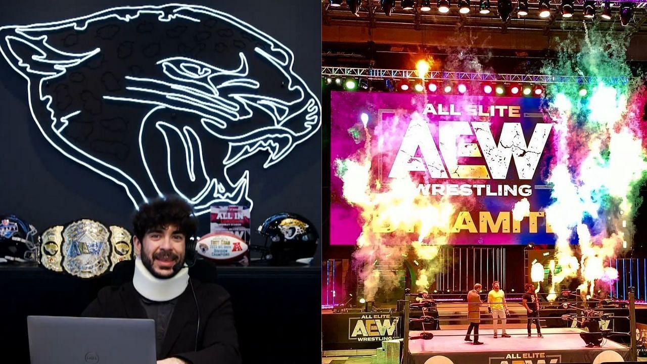 Tony Khan (left) and AEW Dynamite stage (right)