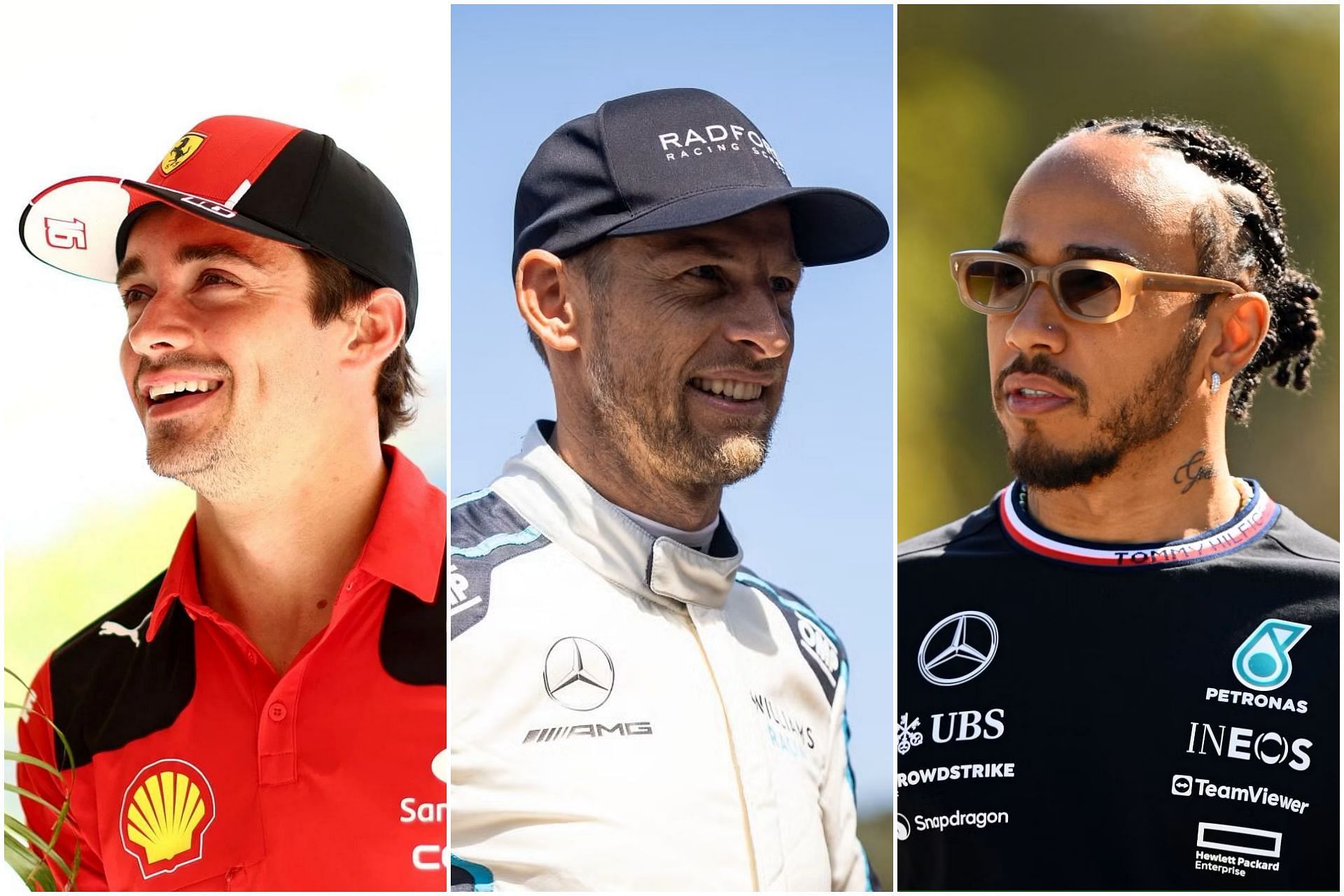 Charles Leclerc (L), Jenson Button (C), and Lewis Hamilton (R) (Collage via Sportskeeda)