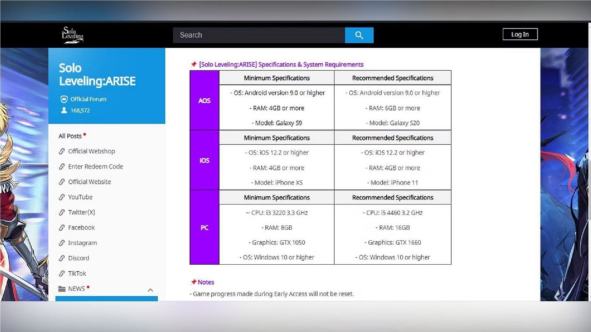 System requirements to run Solo Leveling Arise on different devices (Image via Netmarble)